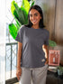 Women summer pajama set Dark Grey Tee + Light Grey X White Stripes Pants